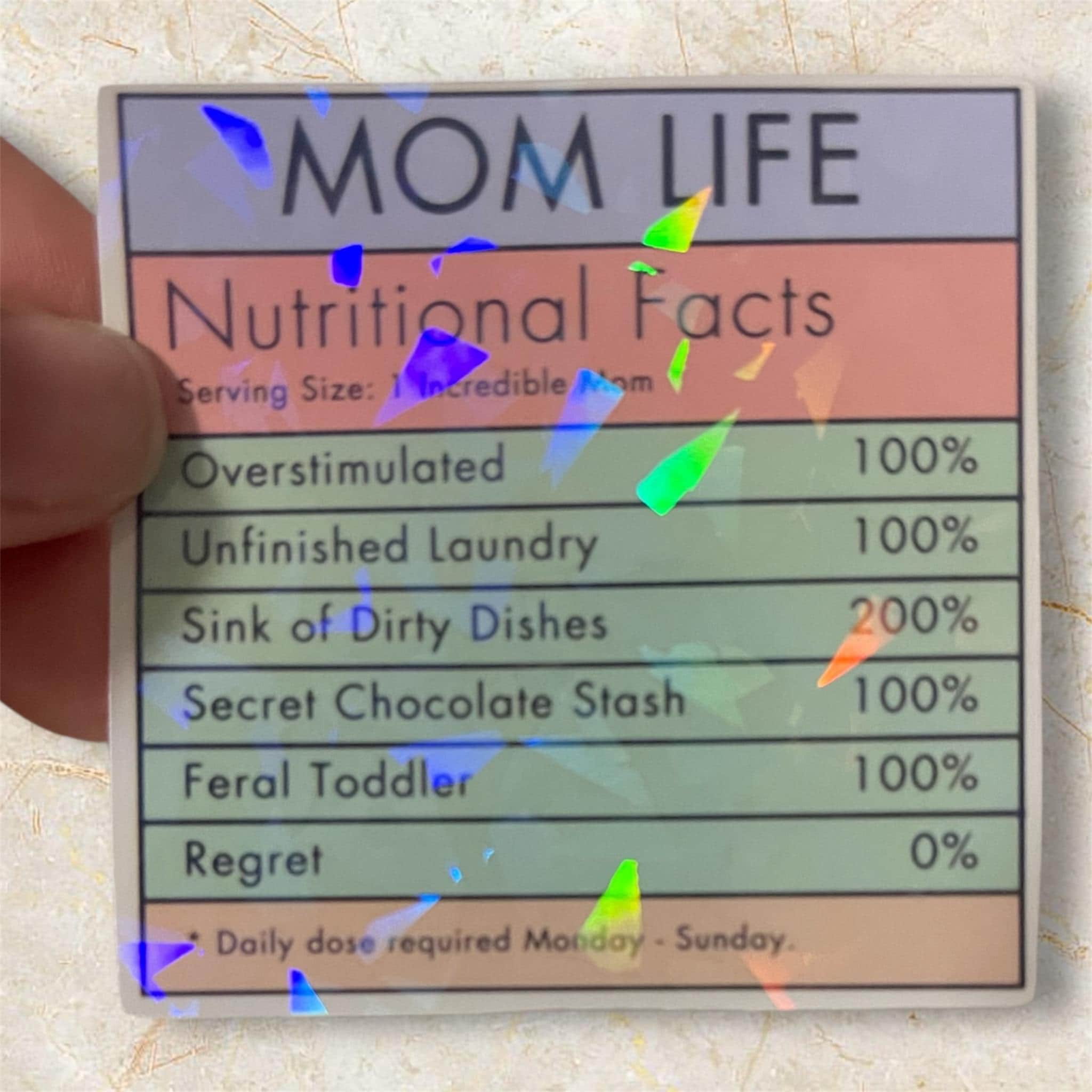 Mom Life Nutritional Facts Holographic Sticker | Funny Motherhood Decal