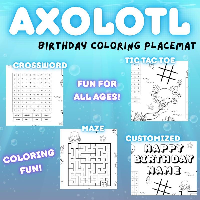 Axolotl Birthday Coloring Placemat | Personalized Ocean Party Activity