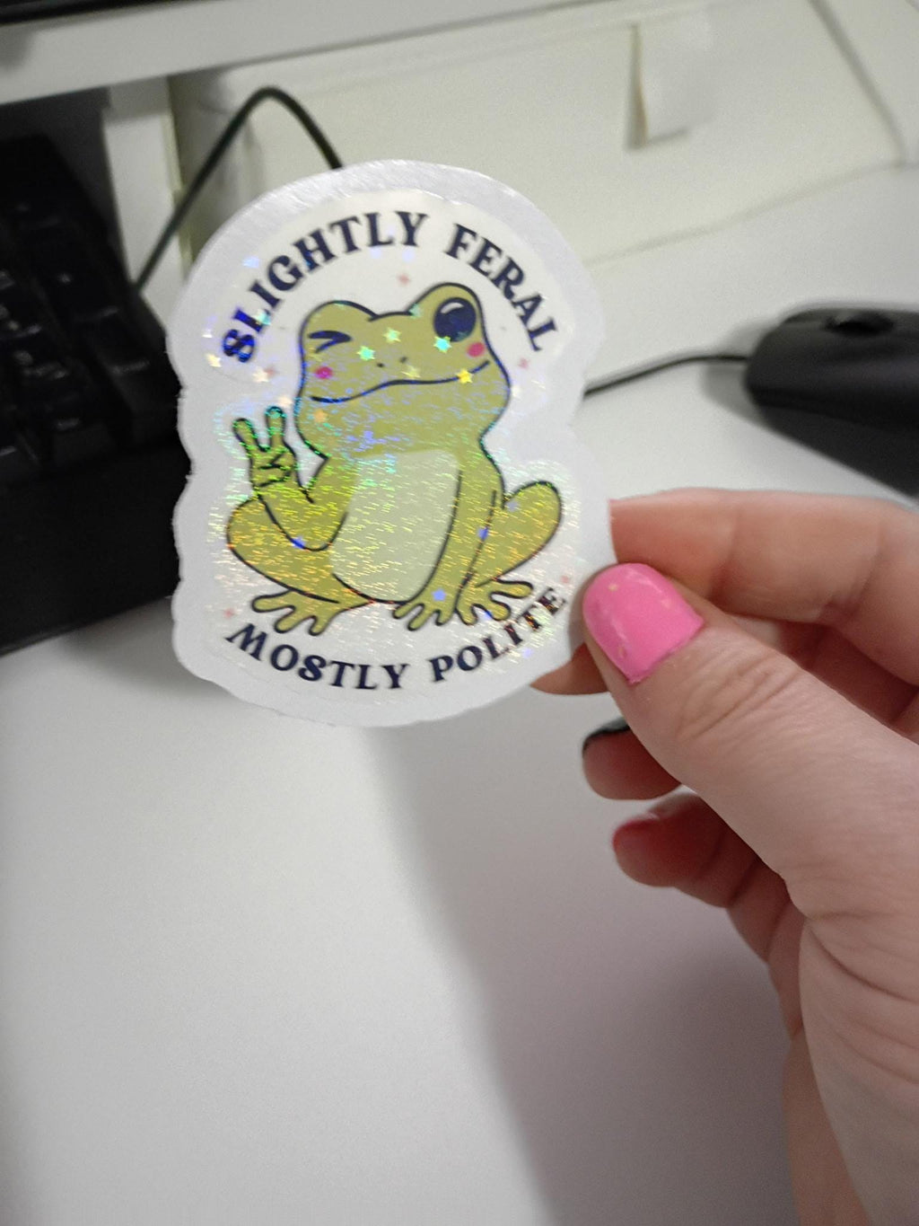 Slightly Feral Frog Sticker | Holographic Vinyl, Laptop Decal