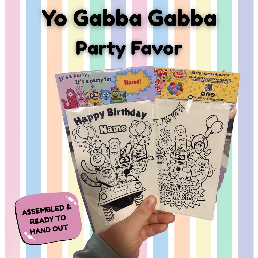 Personalized Yo Gabba Gabba Party Favor Pack • Kids Birthday Activity Set • Coloring Pages + Crayons + Personalized Topper
