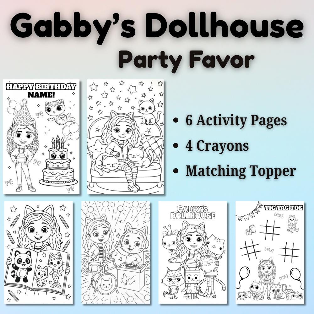 Personalized Gabby's Dollhouse Coloring Sticker Party Favors | Birthday Activity Sheets