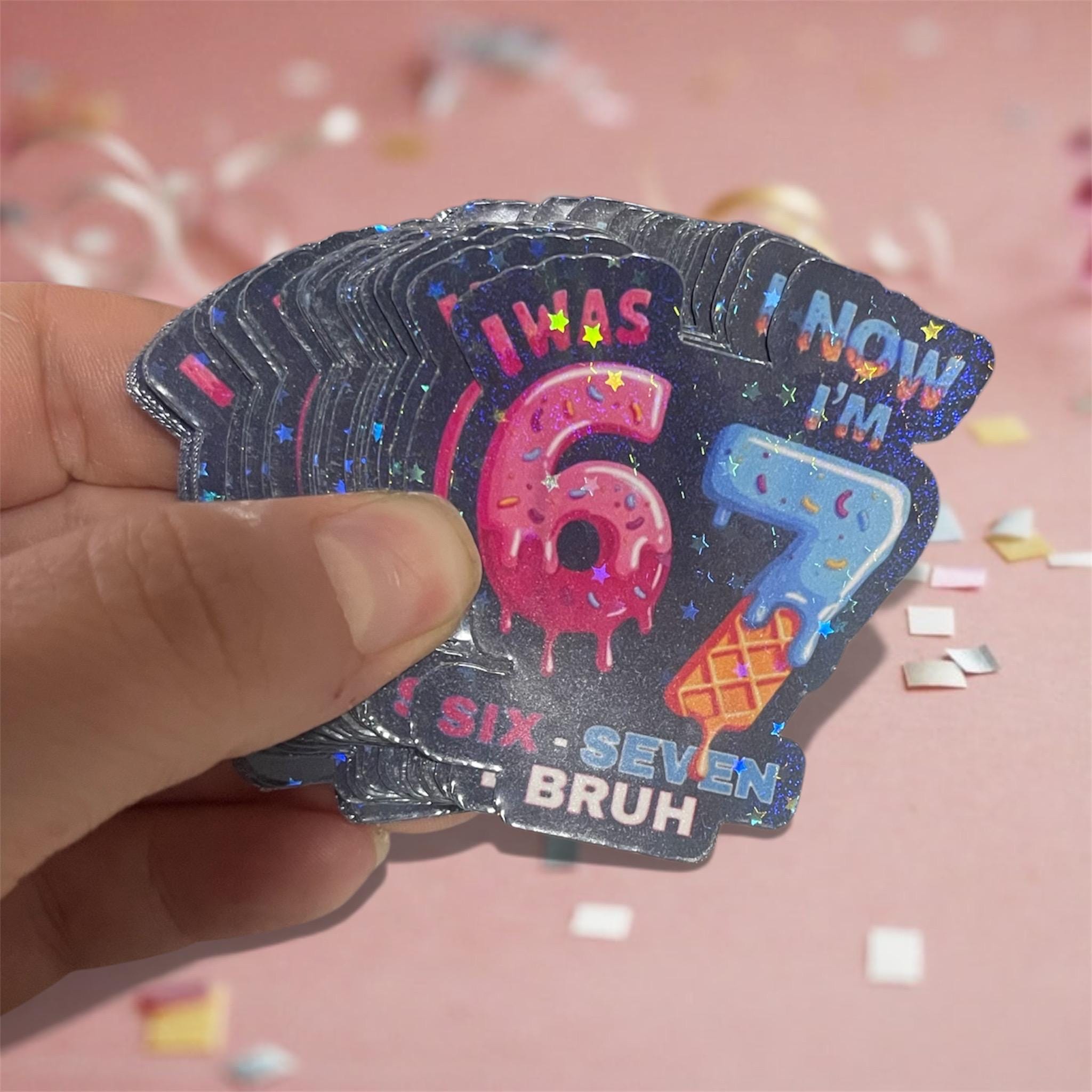 Funny 7th Birthday Holographic Sticker | Ice Cream Number Seven Bruh