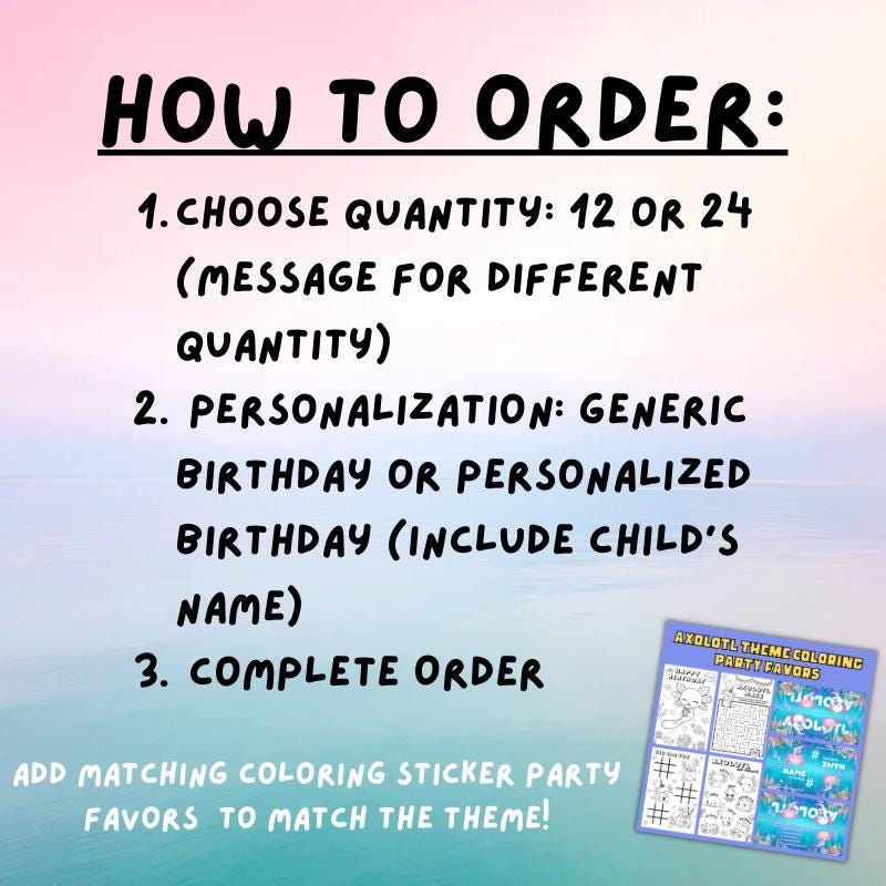 Axolotl Birthday Coloring Placemat | Personalized Ocean Party Activity