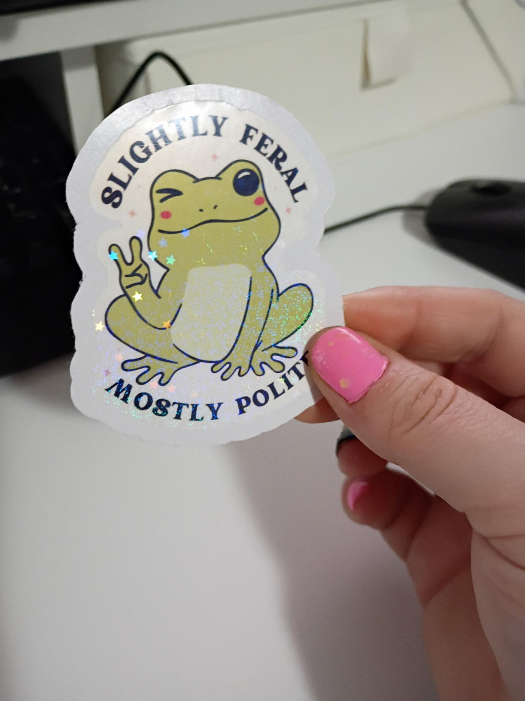 Slightly Feral Frog Sticker | Holographic Vinyl, Laptop Decal