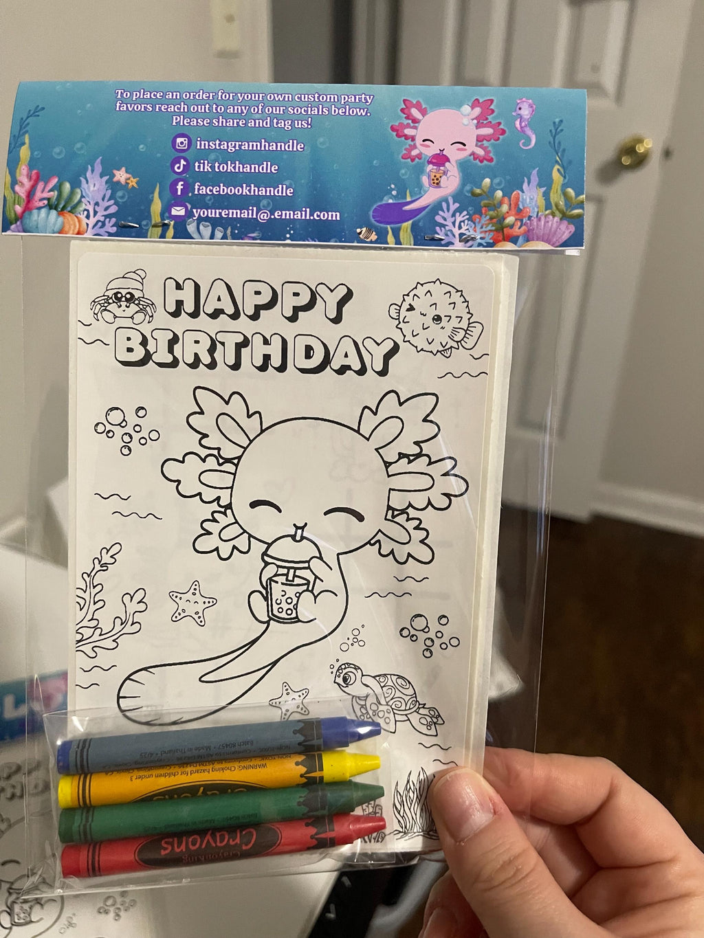 Axolotl Birthday Coloring Party Favor • Custom Coloring Party Favor