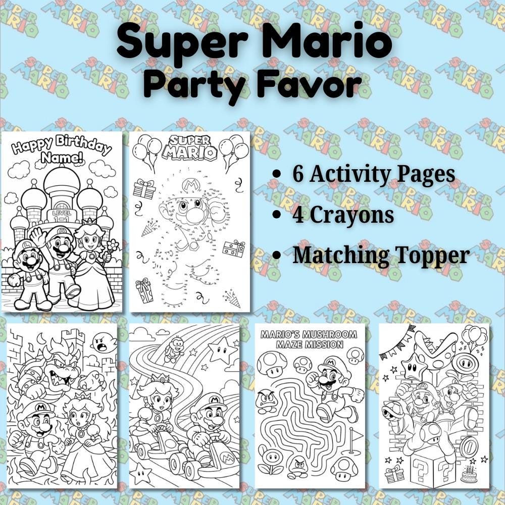 Personalized Mario Activity Pack • Birthday Favor with Crayons & Topper