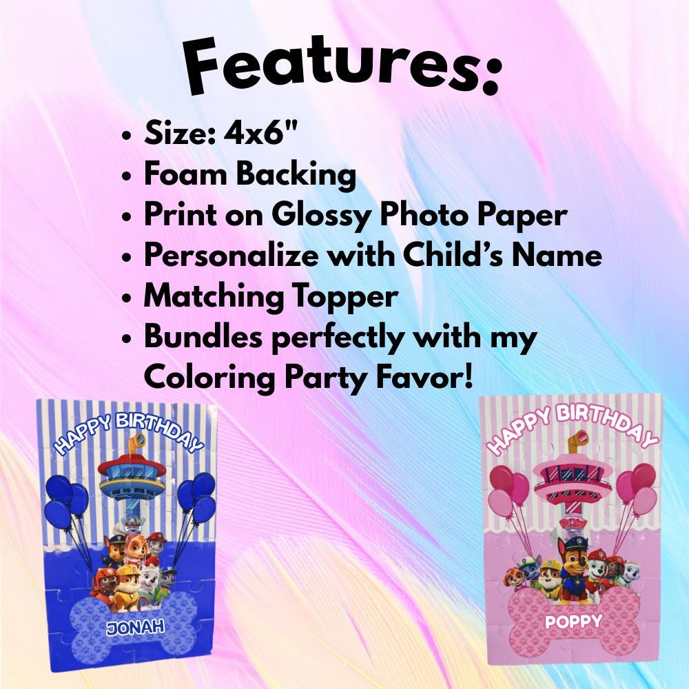 Personalized Paw Patrol Puzzle Party Favor • Custom Kids Party Favor • Foam Backing • Matching Topper Included