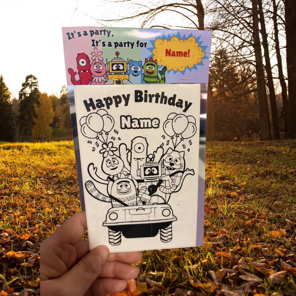 Personalized Yo Gabba Gabba Party Favor Pack • Kids Birthday Activity Set • Coloring Pages + Crayons + Personalized Topper