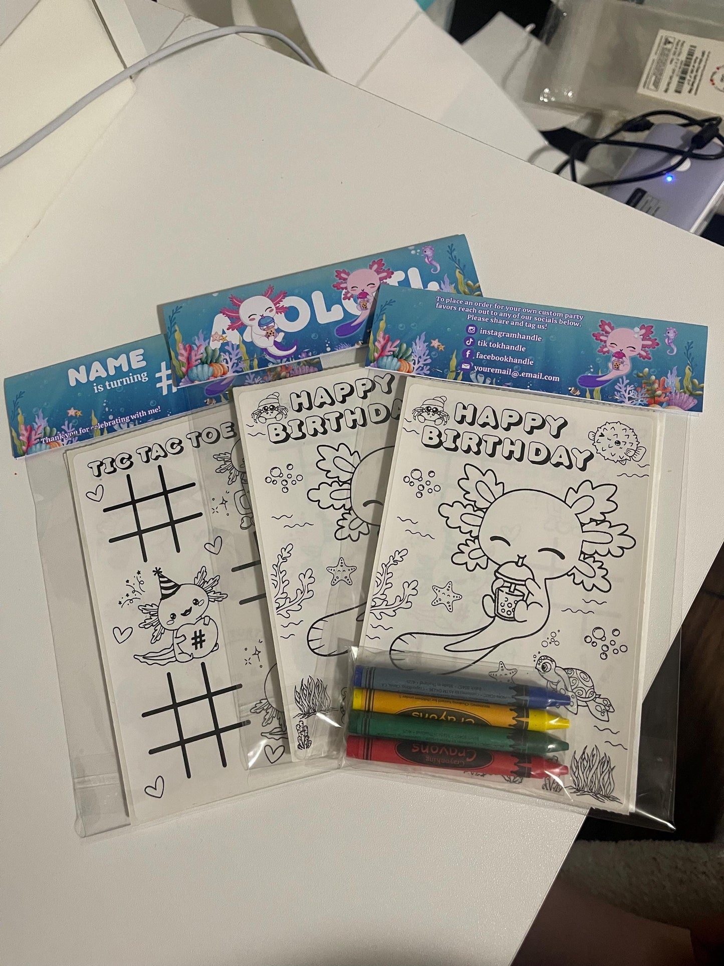 Axolotl Birthday Coloring Party Favor • Custom Coloring Party Favor