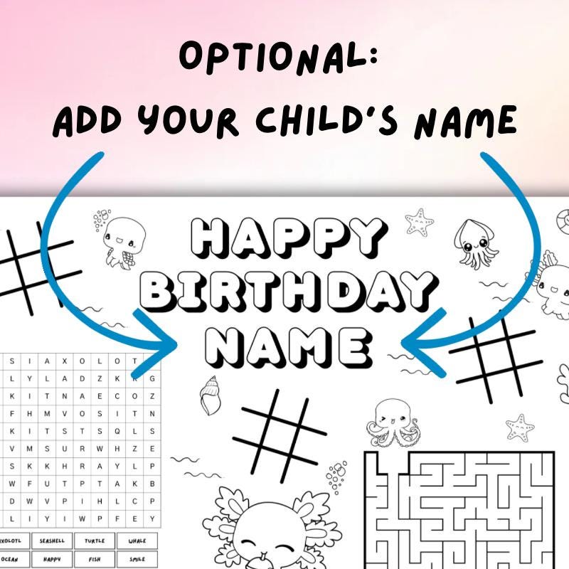 Axolotl Birthday Coloring Placemat | Personalized Ocean Party Activity