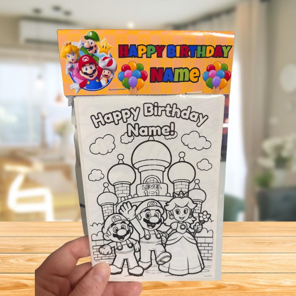 Personalized Mario Activity Pack • Birthday Favor with Crayons & Topper