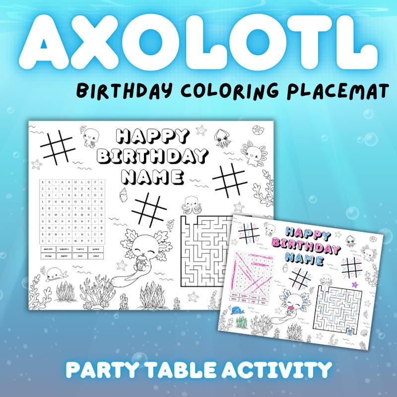 Axolotl Birthday Coloring Placemat | Personalized Ocean Party Activity