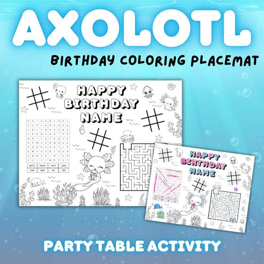 Axolotl Birthday Coloring Placemat | Personalized Ocean Party Activity