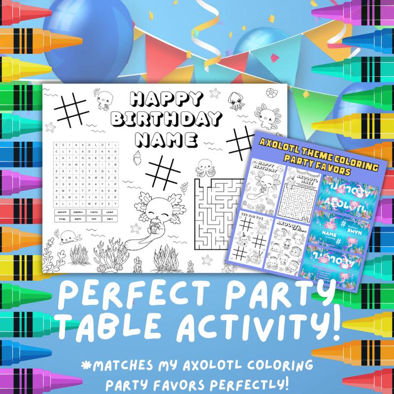 Axolotl Birthday Coloring Placemat | Personalized Ocean Party Activity